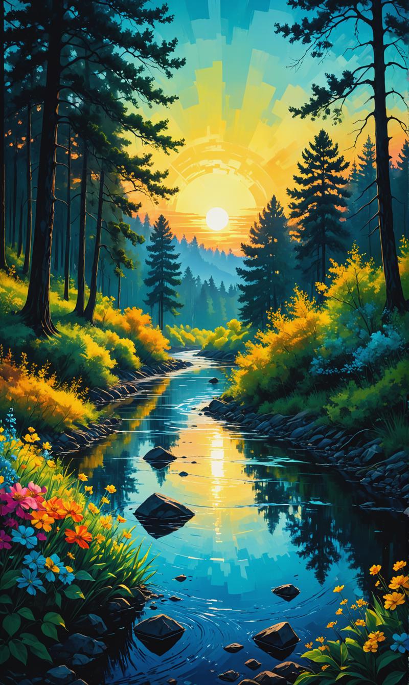 01066-352563851-Printmaking A natural landscape with trees, flowers and a river. The landscape is printed on paper with loose brush strokes and.png